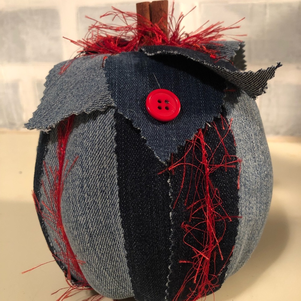 6” Denim handmade Pumpkin. Red frayed ribbon and buttons